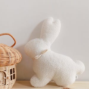 Plush bunny pillow gift idea for Easter, nursery decor and kids room styling