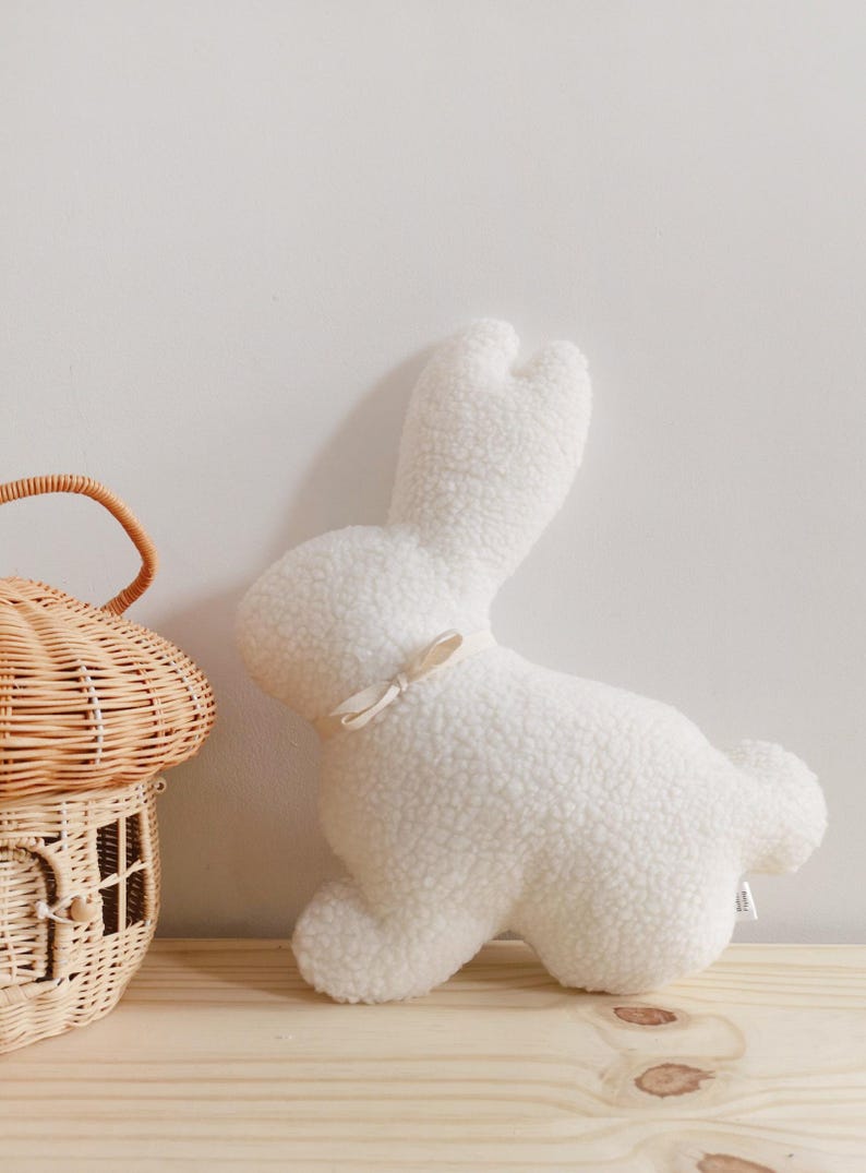 Plush bunny pillow gift idea for Easter, nursery decor and kids room styling