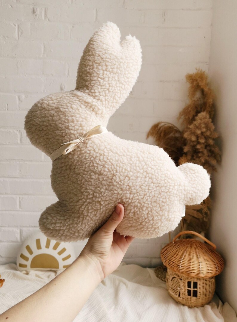 Plush bunny pillow gift idea for Easter, nursery decor and kids room styling