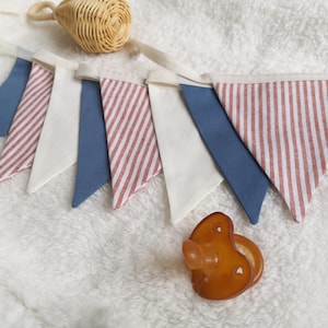 Blue and Red Linen Striped Bunting Garland, Boy Banner Nursery Garland, Blue Bunting Banner, Red and Blue Nursery, Baby Shower, Birthday