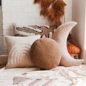 Beige and Brown Boucle Round Decorative Pillow, Round Pillow, Teddy Round Cushion, Vintage Nordic Style Home Decor, Boucle Chair Cushion