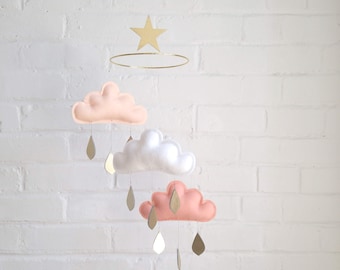 Baby mobile-Peach, white and coral clouds and Star mobile for nursery "CLAIRE" with gold star by The Butter Flying-Rain Cloud Mobile