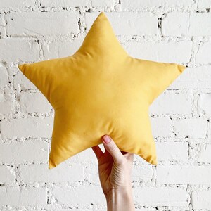 Mustard Decorative pillow, Star pillow for kids room, Moon shaped pillow, Baby Girl Boho Nursery Decor, Celestial playroom decor image 2