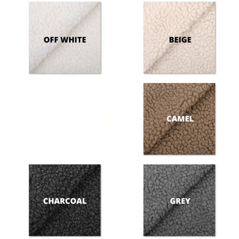 May include: Five fabric swatches in different colors: off-white, beige, camel, charcoal, and grey. The fabric is a fuzzy, textured material.