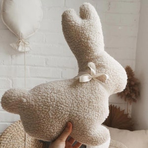 Easter bunny pillow plush, soft rabbit cushion for nursery decor and spring home styling