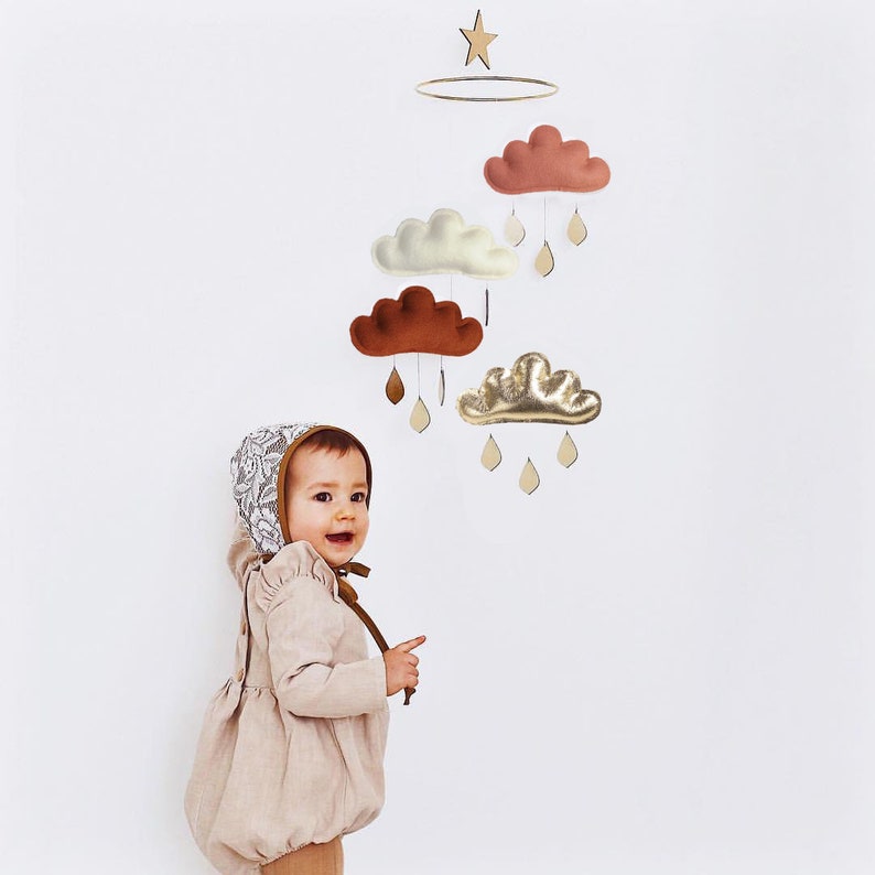 Terracotta and gold nursery, Terracotta, Ivory, Burnt orange and Gold Cloud mobile, Neutral gender nursery, Star mobile, white baby mobile image 3