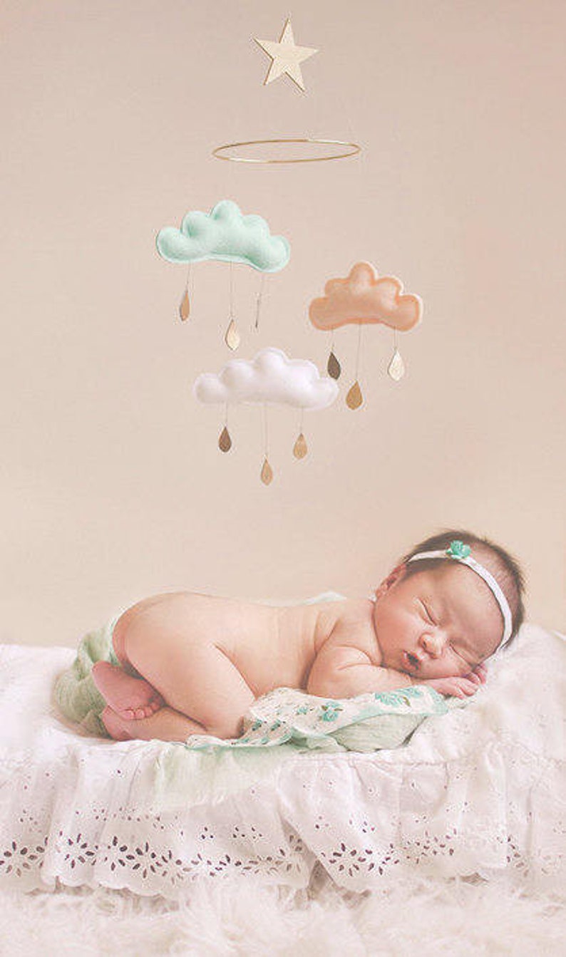 Mint and Peach baby mobile-cloud mobile the butter flying mint and peach nursery-nursery decor nursery mobile cloud-baby-mobiles-nursery image 1