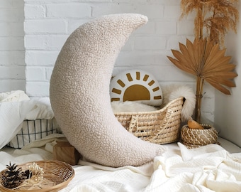 Big Moon Pillow, Sherpa Moon Cushion, Beige Moon shaped pillow