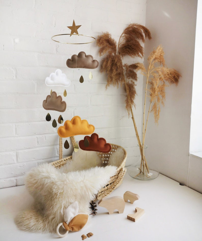 Rust, Ochre, Beige, White, Taupe Baby Mobile, Cloud mobile-Neutral gender nursery mobile-neutral baby gift, Boho Mobile image 5