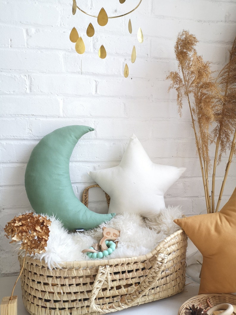 Sage Green Moon pillow for Nursery Decor, Green Mint Nursery Pillow, Star Pillow, Moody Green Nursery Decor, Moon Cushion, Mint Nursery Gift image 1