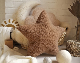 Brown star pillow teddy sherpa boucle star pillow camel star cushion gender neutral nursery decor cloud pillow moon pillow