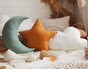 Moon Pillow, Cloud Pillow, Star pillow, Custom Color Celestial nursery decor, Crescent moon pillow, Moon pillow, Mustard Yellow Throw pillow