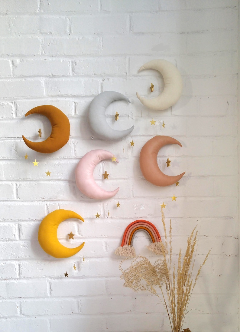 Moon Wall Nursery Decor Magisch thema kinderdagverblijf maan ruimte thema kinderkamer gouden maan baby mobiel maan kinderdagverblijf decor maanfase afbeelding 1