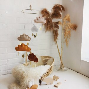 Rust, Ochre, Beige, White, Taupe Baby Mobile, Cloud mobile-Neutral gender nursery mobile-neutral baby gift, Boho Mobile image 3