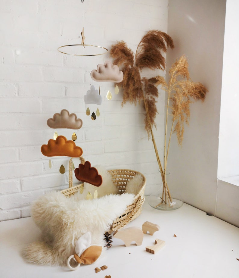 Rust, Ochre, Beige, White, Taupe Baby Mobile, Cloud mobile-Neutral gender nursery mobile-neutral baby gift, Boho Mobile image 3