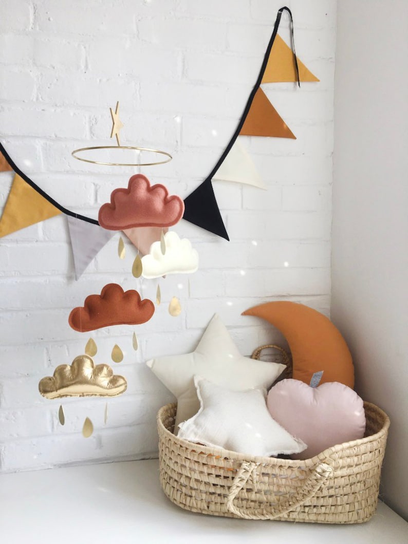 Terracotta and gold nursery, Terracotta, Ivory, Burnt orange and Gold Cloud mobile, Neutral gender nursery, Star mobile, white baby mobile image 1