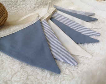Blue Linen Striped Bunting Garland | Handmade Boy Nursery Banner, Baby Shower Decor & Birthday Photo Prop — 3 Sizes