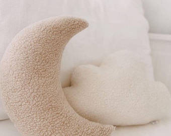 Handmade Bouclé Moon & Cloud Pillow | Beige Sherpa Nursery Cushion, Celestial Baby Shower Gift — Cloud or Moon, Off-White or Beige