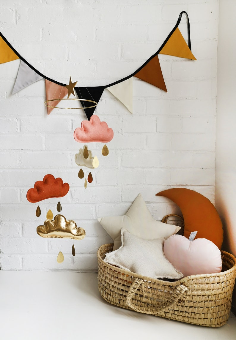 Terracotta and gold nursery, Terracotta, Ivory, Burnt orange and Gold Cloud mobile, Neutral gender nursery, Star mobile, white baby mobile image 5