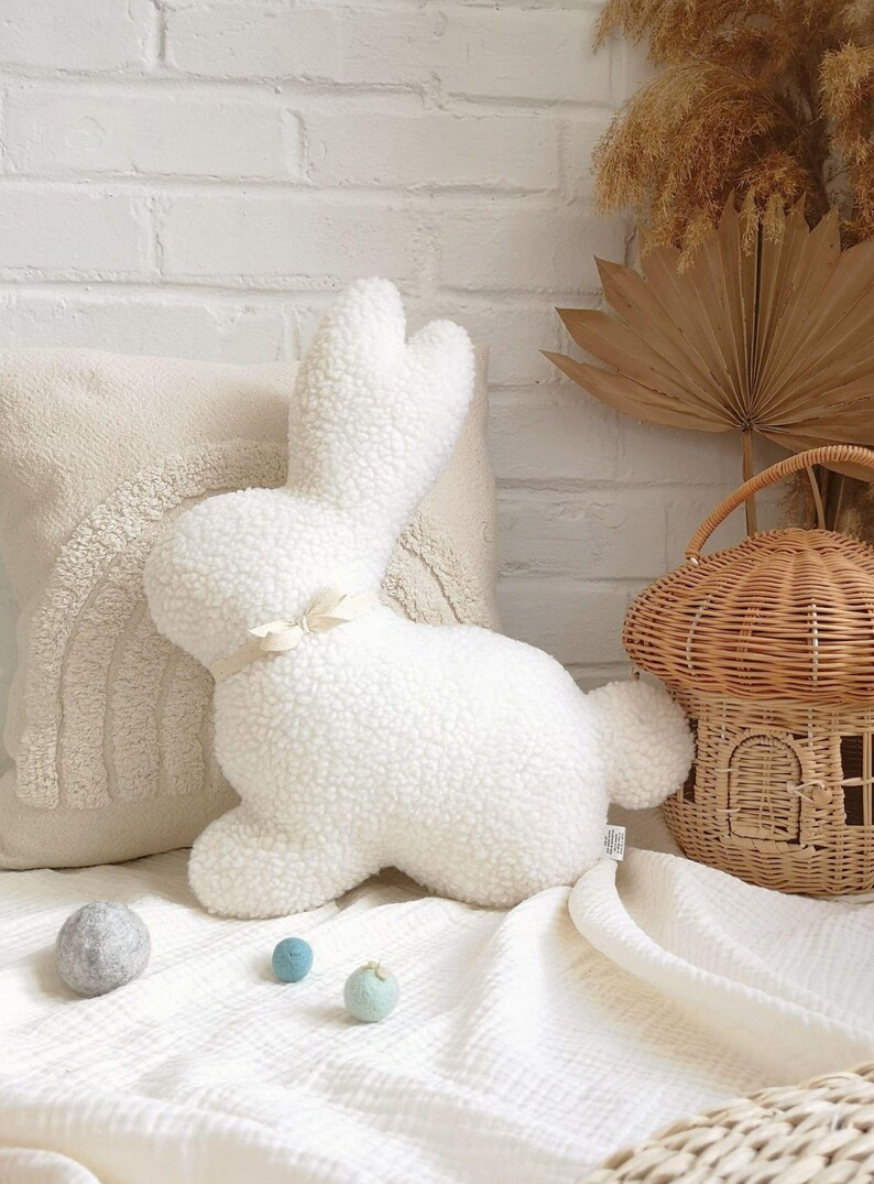 Handmade Teddy Sherpa Bunny Pillow | Spring Nursery Decor image 14