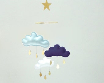 Bestseller :Mobile "DENIS" Light blue,NAVY,White cloud mobile for nursery with gold star by The Butter Flying-Rain Cloud Mobile Nursery