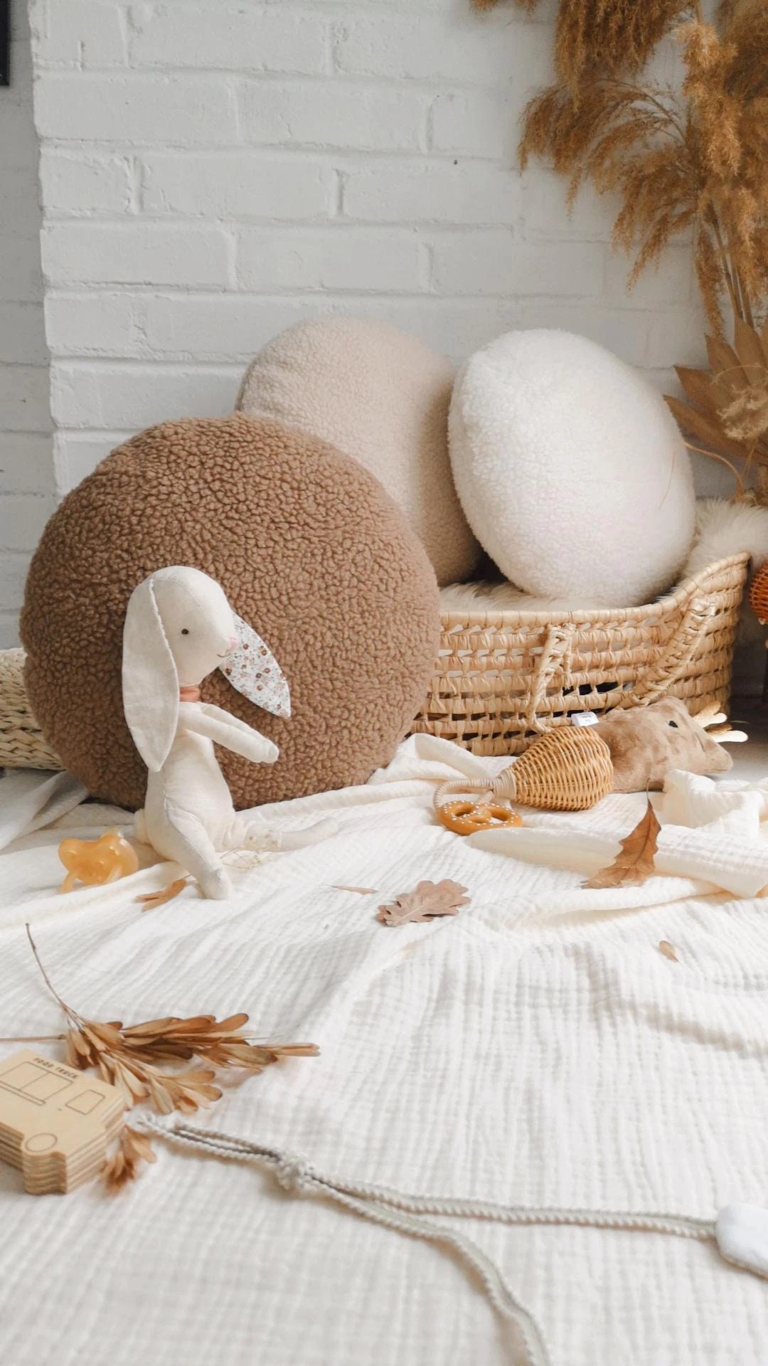 Beige and Brown Boucle Round Decorative Pillow, Round Pillow