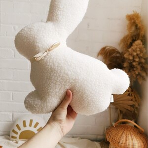 Soft plush bunny pillow detail, cozy rabbit cushion for kids room and nursery