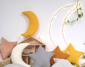Handmade Custom Moon & Star Pillow | Celestial Nursery Decor, Cotton Baby Shower Keepsake Gift — 30 Colors, Moon or Star