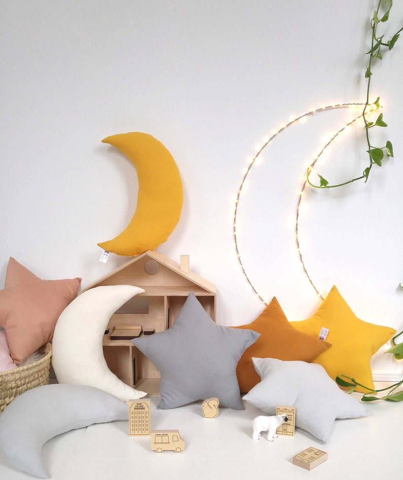 Mustard Decorative pillow, Star pillow for kids room, Moon shaped pillow, Baby Girl Boho Nursery Decor, Celestial playroom decor image 9