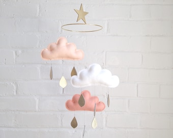 Peach blush baby mobile, gold nursery mobile for baby girl, Baby cot mobile, Cloud baby mobile quebec, modern baby mobile in canada