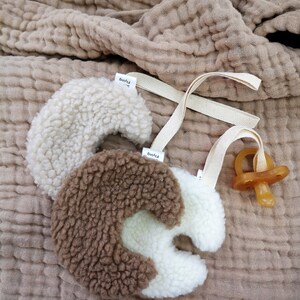 Beige Teddy Moon Sherpa Moon Pacifier Holder Infant Pacifier Clip Teddy Lovey image 6