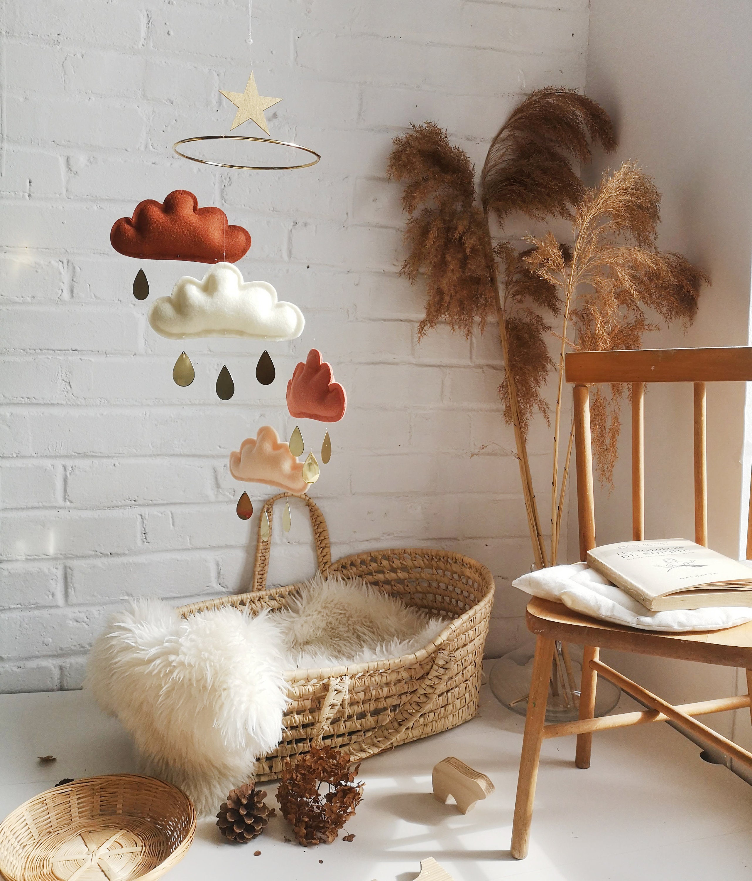 Mobile Nuage En Feutrine Pour Berceau – Suspension Apaisante Lune Étoiles, Décoration Crèche Fille Garçon