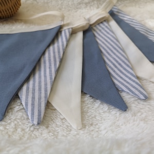 Blue Linen Striped Bunting Garland: Boy Banner Nursery Garland, Blue Bunting Banner, Nursery Decor, Baby Shower, Birthday, Playroom
