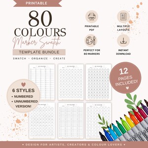 Puede incluir: Un paquete de plantillas imprimibles de muestras de marcadores para 80 colores, que incluye 12 páginas con 6 estilos de diseño diferentes en versiones numeradas y sin numerar. El diseño incluye iconos de PDF, diseños y descarga, junto a marcadores.