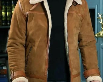 Herren Brown Shearling Lederjacke Pelz Winter Warmer Schaffellmantel Vintage Style Handmade