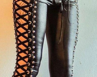 Neue echte Lammfell Leder Fit Sexy Laces Frauen Gothic Hose Handmade
