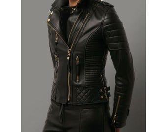 Women’s Genuine Lambskin Leather Motorcycle Jacket | Slim Fit Designer Biker Coat | Handmade Real Leather