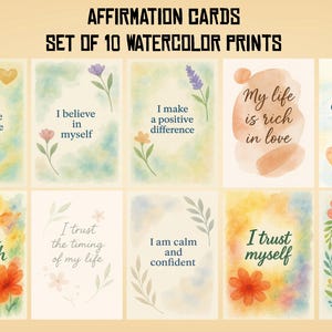 Affirmationskarten Set - 10 Aquarell Positive Zitate, A6 Wandkunst, Selbstliebe Digitaldrucke, Achtsamkeits- & Motivationskarten