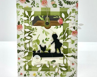 handmade Easter card - original - girl with mother hen and chicks