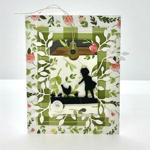handmade Easter card - original - girl with mother hen and chicks