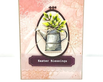 handmade Easter card - original - watering can with leaves - watercolored