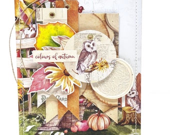 Handmade Thanksgiving card - nature inspired barn owl, autumn leaves