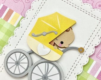 handmade baby girl card - original - adorable stroller - new arrival