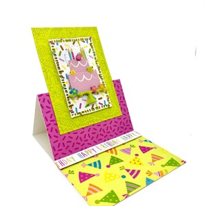pink birthday cake with 4 candles card - original and handmade - money pocket