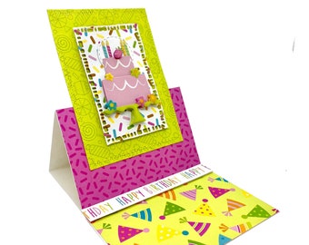 pink birthday cake with 4 candles card - original and handmade - money pocket