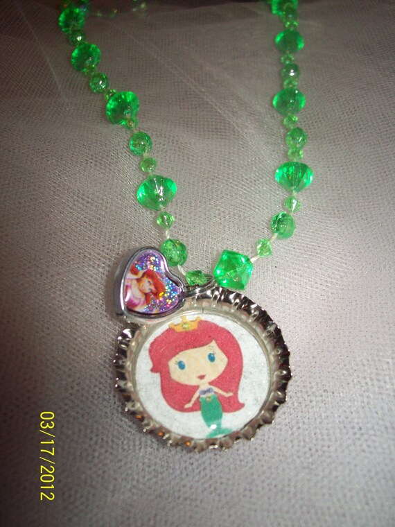 Items similar to Disney Princess bottle cap necklace with charm. Ariel