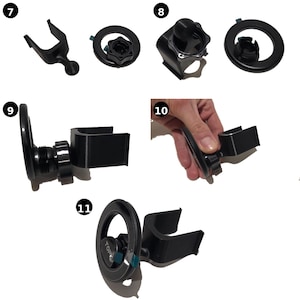 May include: A black plastic cup holder mount featuring a U-shaped cradle, a circular base with a threaded tightening knob, and a ball-and-socket joint for adjustment. The assembly is shown in various stages of disassembly and final configuration.