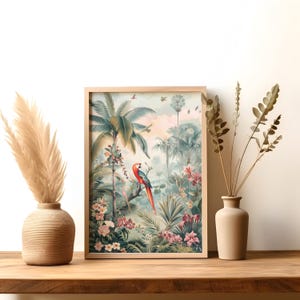 Cuadro de loro tropical en la jungla, impresión de arte de pared de naturaleza con pájaros bohemios, decoración de animales de moda, arte de pared vintage, decoración bohemia, descarga digital