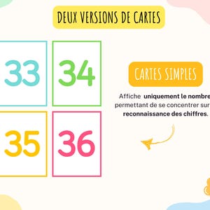 L’image montre une première version de carte. Il est noté : cartes simples. Ces cartes affiche uniquement le nombre permettant de se concentrer sur la reconnaissance des chiffres.