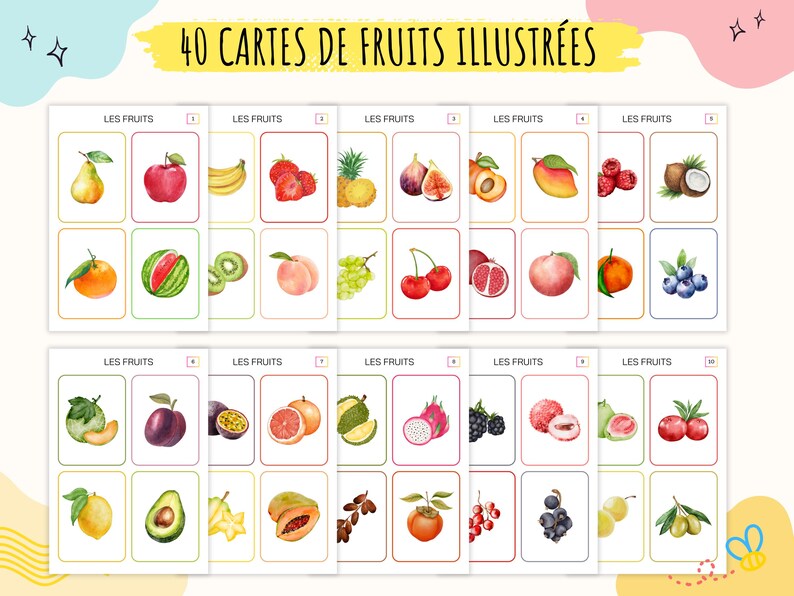Cartes nomenclature sur les fruits, imagier enfant fruits en aquarelle, Jeu Montessori, activité école à la maison, cartes école maternelle image 9